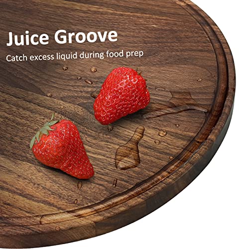 12" Round Walnut Wood Cutting Board for Kitchen | Wooden Chopping Board with Juice Grooves - size: 12"L x 12"W