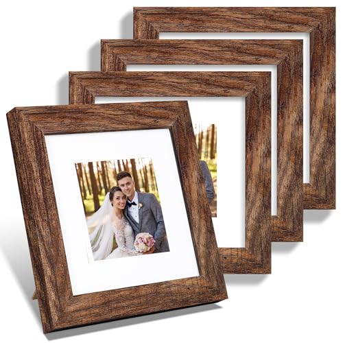 Hongkee 6x6 Picture Frame Set of 4, Made of Glass and Rustic Brown Wooden Frame - Display Picture 4x4 with Mat or 6 x 6 Without Mat, 6x6 Photo for Wall or Tabletop - color: Rustic Brown, size: 6x6 in
