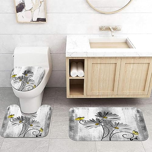 Rustic Farmhouse Bath Mat Set, Farm Gray Daisy Floral Flowers and Butterfly on Country Wooden Bathroom Mat Set with Non-Slip Bath Rug, Soft Toilet Lid Cover and Contour Mat, Turquoise Gray (Gray) - color: Grey