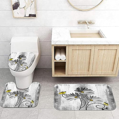Rustic Farmhouse Bath Mat Set, Farm Gray Daisy Floral Flowers and Butterfly on Country Wooden Bathroom Mat Set with Non-Slip Bath Rug, Soft Toilet Lid Cover and Contour Mat, Turquoise Gray (Gray) - color: Grey