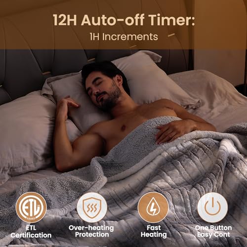 Bearhug Electric Blanket Full Size 77" x 84", 10 Heat Settings Heated Blanket, 1-12 Hour Auto Shut-Off, Faux Fur & Sherpa Dual-Sided Heating Blanket, Machine Washable, Gift-Ready Elegant Packaging - color: Silver Shade Gradient Stripe, size: Full Size 77"