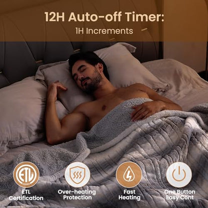 Bearhug Electric Blanket Full Size 77" x 84", 10 Heat Settings Heated Blanket, 1-12 Hour Auto Shut-Off, Faux Fur & Sherpa Dual-Sided Heating Blanket, Machine Washable, Gift-Ready Elegant Packaging - color: Silver Shade Gradient Stripe, size: Full Size 77"