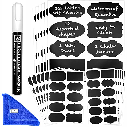 Chalkboard Labels for Jars, 162pcs Waterproof Reusable Stickers with Marker | 12 Shapes & 3 Sizes Chalk Sticker Labels for Jars & Containers, Easy-Wipe Labels Include Erasable Liquid Chalk Marker & Cloth - style: 162 Labels - 12 Shapes & 3 Sizes