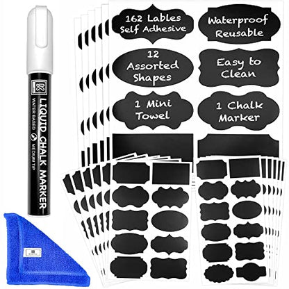 Chalkboard Labels for Jars, 162pcs Waterproof Reusable Stickers with Marker | 12 Shapes & 3 Sizes Chalk Sticker Labels for Jars & Containers, Easy-Wipe Labels Include Erasable Liquid Chalk Marker & Cloth - style: 162 Labels - 12 Shapes & 3 Sizes