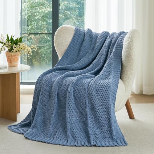 Knit Throw Blanket, Soft Chenille Cozy Breathable Chevron Chunky Decorative Blanket for Couch, Bed & Sofa, French-Inspired Lightweight Warm Gift for Women, Washed Blue, 50"x60" - color: Chervon Washed Blue, size: Chervon Knit 50"x60"