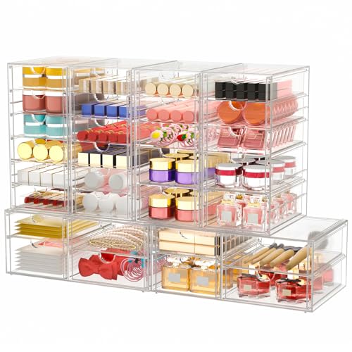 6-Pack 30-Drawer Acrylic Storage & Makeup Organizer for Desk | Smooth-glide drawers, clear body, dustproof, for office supplies, pens, stationery, jewelry, cosmetics, craft bits - size: 30 Drawers