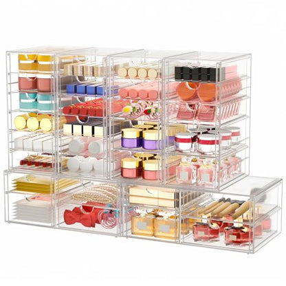 6-Pack 30-Drawer Acrylic Storage & Makeup Organizer for Desk | Smooth-glide drawers, clear body, dustproof, for office supplies, pens, stationery, jewelry, cosmetics, craft bits - size: 30 Drawers