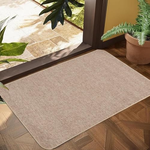 Ultra Thin Indoor Door Mat, 1/10 in Thin Door Mats for Inside Entry | 29"X17" Khaki Non-Slip Rubber Back Dootmat, Long-Lasting, Easy-to-Clean, Pet-Friendly & Absorbent with Effective Dirt Trapper - color: Rounded Serged Edges(khaki), size: 1'5" x 2'5" (Re