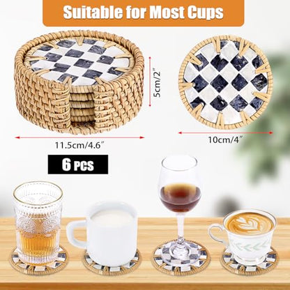 Boho Coastal Coasters Set of 6, Handwoven Rattan Coasters with Holder - Drink Coaster for Coffee Table, Boho Coaster for Home Decor, Rattan & Mother of Pearl, 4 Inch(Checkered Pattern) - style: Checkered Pattern