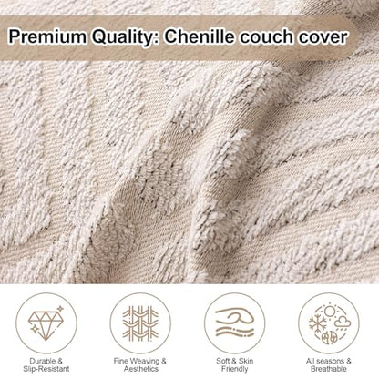 ROOMLIFE Couch Cover 3 Cushion Sofa, Washable Non Slip Furniture Sofa Protector Cover, Soft Chenille Sofa Slipcovers Sectional L Shape Dogs Couch Cover Throw Blanket with Tassels 71''X118'' - color: Hg01#beige, size: Large（71*118IN）