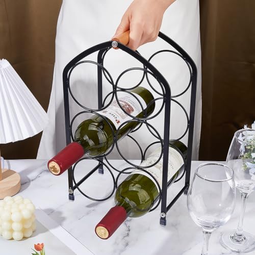DICOSMETIC 1Pc Small Iron Wine Rack 6-Bottle Metal Wine Countertop Modern Freestanding Wines Holder Tabletop 8.11x4.94x13.23 Inch Large Bottle Organizer Holder for Home Bar Kitchen