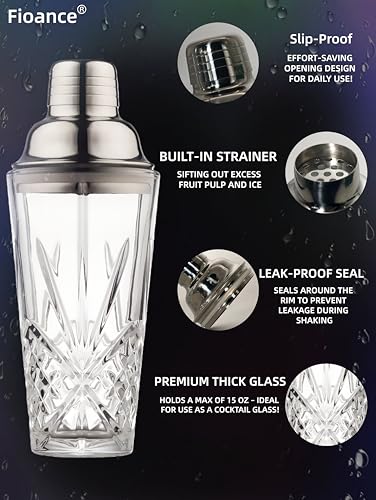 Glass Cocktail Shaker, 15oz Cutting Design - Exquisite Martini Shaker for Elevated Mixology. Perfect for Christmas, Hoiday, BBQ,Outdoor Party,Spring, Summer (Drink Shaker & Gold Pourer) - color: 15oz Shaker & Gold Pour Spout