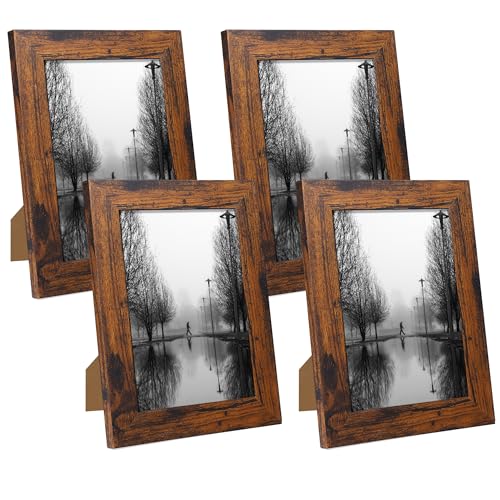 iRahmen 5x7 Picture Frame Set of 4, High Definition Glass 5 x 7 Frame, Wood Rustic Photo Frames for Horizontal or Vertical Display Tabletop and Wall Mounting, Dark Brown - color: Dark Brown, size: 5X7
