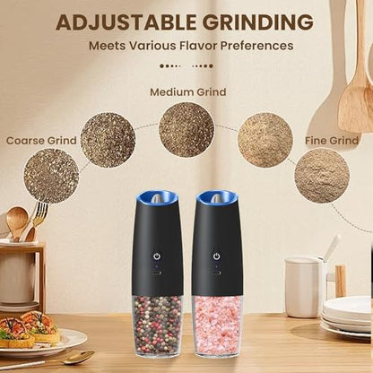 Rechargeable Gravity Salt Pepper Grinder Set, 2 Pack (Black) | Gravity Automatic Grinder With LED Light & Adjustable Roughness, Rechargeable Seasoning Tool For Kitchen Use - color: Rechargeable/Set/Black