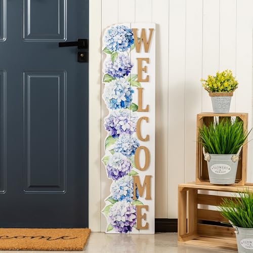Glitzhome 42"H Welcome Sign for Front Porch, Large Outdoor Wooden Welcome Sign with Hydrangea Pattern, Standing Decoration for Patios, Country Farmhouse Style, Yard - color: WELCOME Hydrangea