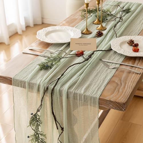 10Pcs Sage Green Cheesecloth Table Runner 120 Inches for Party Home Decor | For Wedding Baby Shower Bridal Shower Birthday Engagement Party 10FT Rustic Boho Home Decorations - color: Sage Green, size: 35"x120"(Pack of 10)