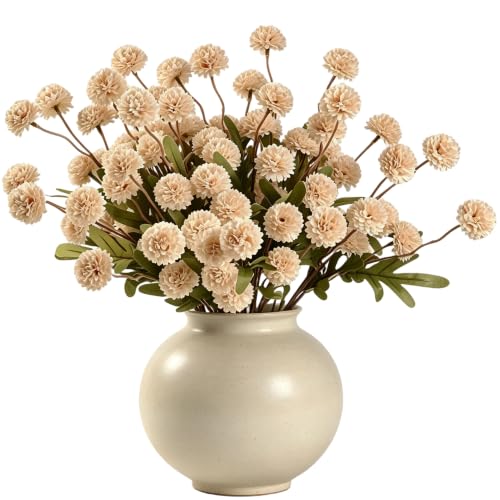 HNVNER 10PCS Artificial Flowers for Vase, Beige Fake Pompon Mums Long Stem | 20.5" Bend or Trim Freely Stem, Fit Tall Vase, Realistic Silk Chrysanthemum, for Farmhouse Home Decoration Arrangements - color: Beige