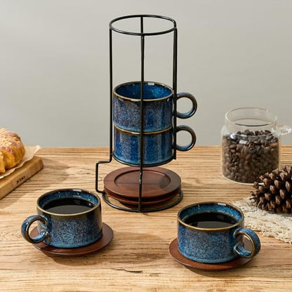 LUKA 6 Ounce Porcelain Stackable Espresso Cups with Saucers and Metal Stand Set of 4, Ceramic Cappuccino Cups Set for Specialty Coffee Drinks, Latte, Cafe Mocha and Tea, Reactive Blue - color: Reactive Blue
