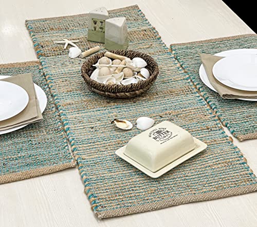 Natural Jute Table Runner 13x36 Inch – Vintage Boho Rustic Table Decor – Handwoven Table Runner in Natural Jute and Aqua Turquoise – Farmhouse Dining or Console Table Accent - color: Natural Jute-aqua Turquoise, size: 13x36 Inch.