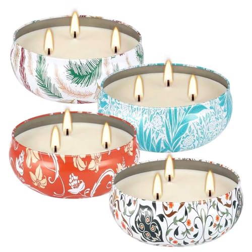 4-Pack Citronella Candle Set in Decorative Tropical Flower Tin Boxes - 3-Wick Functional Decorative Candles for Indoor & Outdoor Use - Perfect for Camping, Travel, BBQ, Picnics, and Mother's Day Gift - color: 4Pack-Various colors