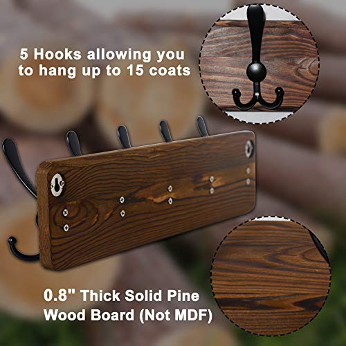 Coat Rack Wall Mount - Heavy-Duty Robust Rustic Wooden Wall Coat Hanger Hook Rail with 5 Triple Hooks for Winter Jacket & Hat Clothing, Light Brown & Black - color: Light Brown & Black, size: L=17.4"