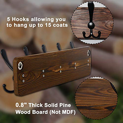 Coat Rack Wall Mount - Heavy-Duty Robust Barnwood-Style Wooden Wall Coat Hanger Hook Rail with 5 Triple Hooks for Winter Coats Hat Jacket Clothing, Weathered Brown & Black - color: Weathered Brown & Black, size: L=17.4"