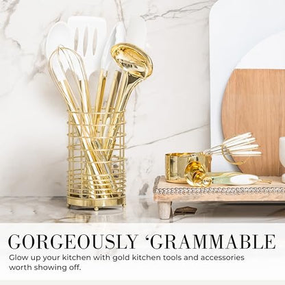 Styled Settings White and Gold Kitchen Utensils, 7-Piece | Nonstick Silicone Cooking Utensils Set with Gold Utensil Holder, White and Gold Kitchen Accessories for Modern Kitchens - color: White and Gold