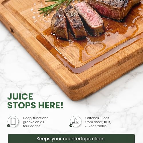 Wood Cutting Boards for Kitchen with Juice Groove, Eco-Friendly Wooden Bamboo Chopping board, Food-Safe, Non Plastic Tabla Para, Carbonized Butcher Block for Meat, Veggies Fruits, Medium - style: Medium