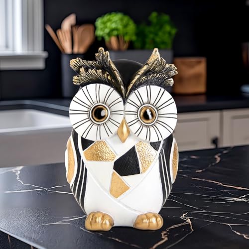 Modern Black and Gold Owl Statue Unique Minimalist Owl Figurine for Home Decor Shelves, Bookshelves, Office Desk Accents Whimsical Animal Sculpture Art Deco Gift for Woman Mom Bird Lovers - color: Black