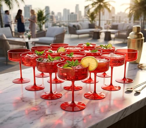 Ciaell 12 Pack Red Plastic Martini Glasses for Bars Parties | 10 oz Red Coupe Cocktail Cups, Heavy Duty Plastic, Cocktails Whiskey Margaritas Wine for Weddings Anniversaries Outdoor - color: Basic Red