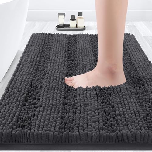 Striped Grey Bathroom Rug Mat 32"x20" Ultra Soft, Non Slip Chenille Bath Rugs, Absorbent Plush Shaggy Bath Mats for Bathroom, Bedroom, Kitchen, Shower, Tub,Deep Grey - color: Dark Gray, size: 1'8" x 2'8" (Rectangular)