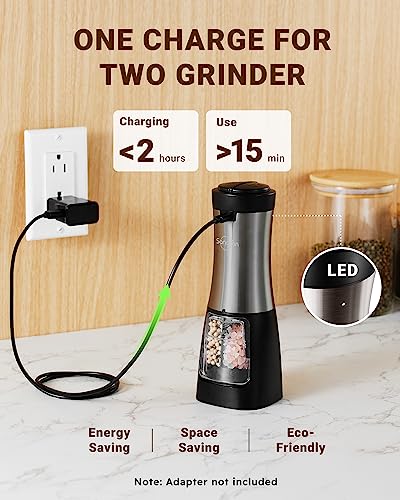 Sangcon Electric Salt and Pepper Grinder Set Shakers 2 IN 1 - USB RECHARGEABLE Salt and Pepper Mill Set All in One, Automatic Refillable Adjustable Coarseness Ceramic Grinder with Light - color: Gunmetal Classic