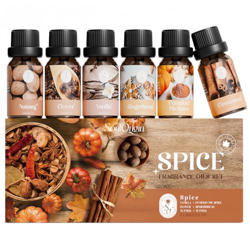 Soulorigin Autumn Spice Essential Oils Set – Cozy Fall Fragrance Oils for Diffuser & Candle Making – Cinnamon, Vanilla, Pumpkin Pie, Nutmeg, Clove, Gingerbread – Warm Home Aroma & Gift Set - color: Spice