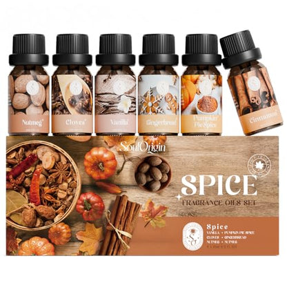 Soulorigin Autumn Spice Essential Oils Set – Cozy Fall Fragrance Oils for Diffuser & Candle Making – Cinnamon, Vanilla, Pumpkin Pie, Nutmeg, Clove, Gingerbread – Warm Home Aroma & Gift Set - color: Spice