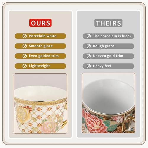 20 Pieces Porcelain Tea Set With Metal Holder, European Ceramic tea set for adults,Flower Tea Set,Tea Set For Women With Flower Painting - color: Golden