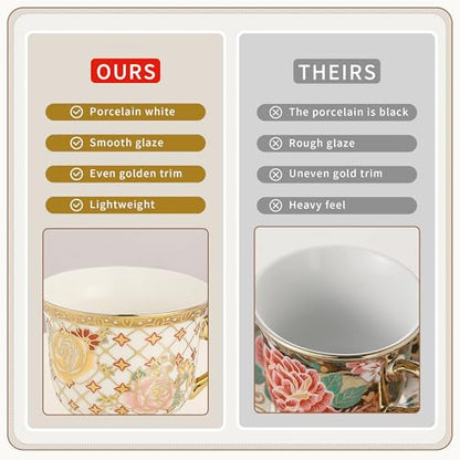 20 Pieces Porcelain Tea Set With Metal Holder, European Ceramic tea set for adults,Flower Tea Set,Tea Set For Women With Flower Painting - color: Golden