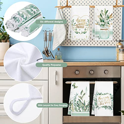 Redbaker 6 Pcs Eucalyptus Kitchen Towels Sage Green Farmhouse Dishcloth | Decorative Dish Cloths with Gold Quotes, Spring Kitchen Decor, Absorbent for Bathroom, Tea Towel Style, Housewarming Gifts - style: Eucalyptus Leaf