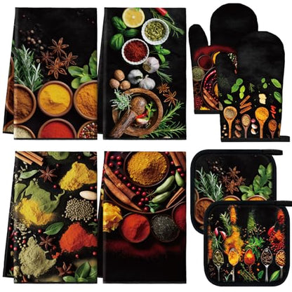 Teenyyou 8 Pcs Colorful Spices Kitchen Towels Pot Holders and Oven Mitt Set 4 Cooking Herb Dish Towels 2 Rustic Absorbent Square Potholders 2 Heat Resistant Glove for Cooking Baking Home Gifting - style: Colorful Spices