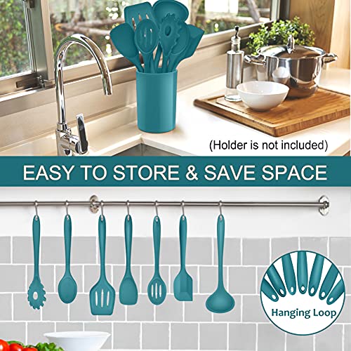 P&P CHEF Blue Kitchen Utensils, Silicone Cooking Utensil Set of 7 | Soft Spatula for Nonstick Cookware, Slotted Turner, Soup Ladle, Pasta Server, Spoon for Cooking, Dishwasher Safe & Heat Proof - color: Blue