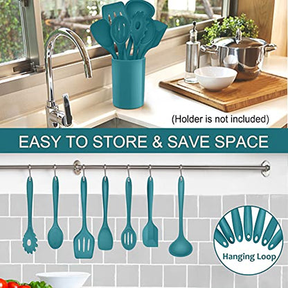 P&P CHEF Blue Kitchen Utensils, Silicone Cooking Utensil Set of 7 | Soft Spatula for Nonstick Cookware, Slotted Turner, Soup Ladle, Pasta Server, Spoon for Cooking, Dishwasher Safe & Heat Proof - color: Blue