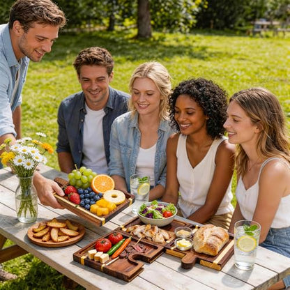 Wooden Charcuterie Boards Set of 4, Puzzle Serving Trays with Stand | Made from acacia wood,4-piece interlocking design,portable,18 inch ideal for charcuterie,snacks,appetizers,party & gatherings - size: 11.8" x 9" x 1"