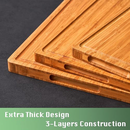 Allsum Extra Thick Wood Cutting Board for Kitchen, Reversible and Durable | 1” thick carbonized bamboo butcher block - resists warping - with handles, juice groove - charcuterie board for party - size: 16"L x 11"W