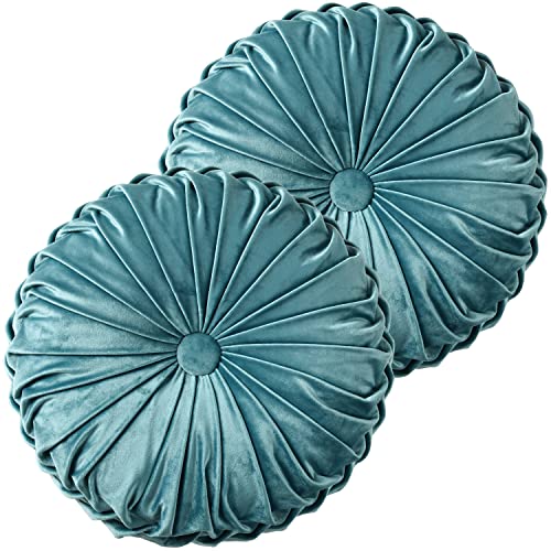 HIG Set of 2 Teal Velvet Decorative Round Pleated Throw Pillows | Vintage Floor Pillows, Classy Accent Pumpkin with Center Button, for Sofa Couch Vanity Chair Bed, 14.5" Diameter - color: R-teal