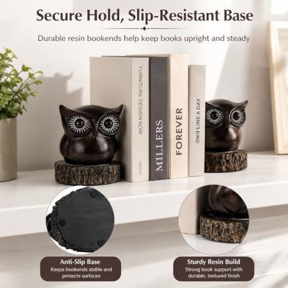 Owl Bookends for Shelves, Resin Book Ends Set of 2 | Anti-Slip Base, Antique Bronze Owl Design, Office Bookshelf Decor - style: Whimsical