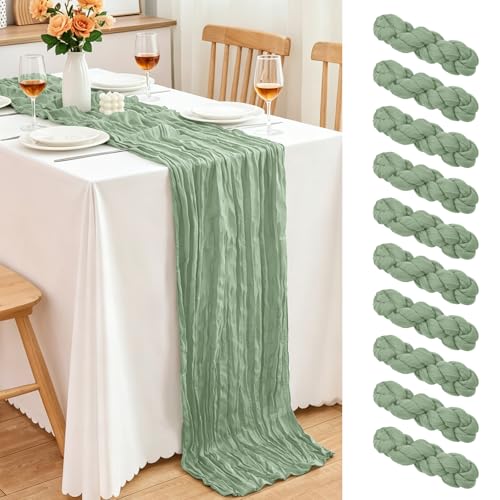 10 Pack Sage Green Cheesecloth Table Runner, 17x108 Inch Semi Sheer Boho Gauze Cheese Cloth Fabric Table Runners for Wedding Party Baby Shower Birthday Garden Farmhouse Table Decor - color: Sage Green, size: 10 Pack
