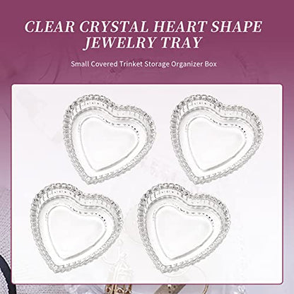 Crystal Glass Heart Shaped Storage Box, Embossed Jewelry Box Trinket Storage Tray Candy Box with Lid (2Pack Clear)