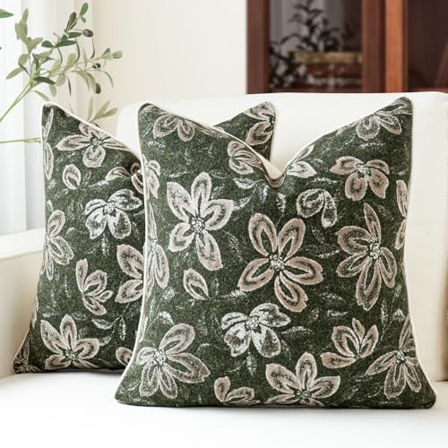 MATTINS 24x24 Vintage Floral Patterned Throw Pillow Covers, Olive Green 2PC | Farmhouse Decorative Pillow Covers, Country Botanical Jacquard Design, Cottage Boho Accent for Sofa, Bed, and Living Room - color: Olive Green, size: 24" x 24" (Pack of 2)