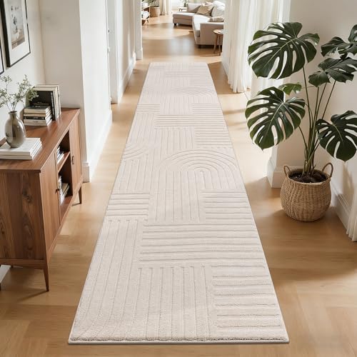 SHACOS Soft Cozy Fluffy Arch Pattern High-Low Pile Runner Rugs 2'x10' Non Slip Washable Scandinavian Minimalist Rug Runner Modern Geometric Carpet for Living Room Bedroom Bathroom Hallway, Beige - color: Beige, size: 2'x10'
