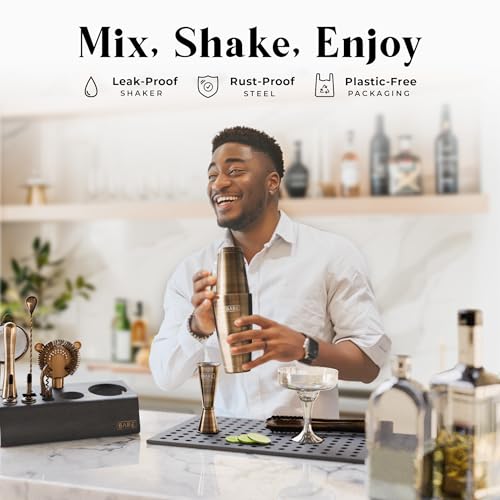 BARE BARREL® Mixology Bartender Kit Bar Set | 14-Piece Cocktail Shaker Set | Martini Barware Mixing Tools for Home Bartending | Incl. 35 Recipe Cards | Gift Set (28oz Boston Shaker, Brass/Black) - color: Brass/Black