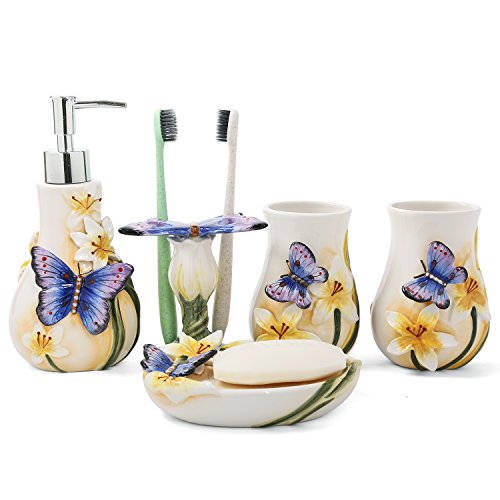 Ceramic Bathroom Accessory Set Dancing Butterfly Ceramic 5 Pieces Set,Including Toothbrush Holders,2 Gargle Tooth-Brushing Cups,Soap Dishes,Soap & Lotion Dispenser
